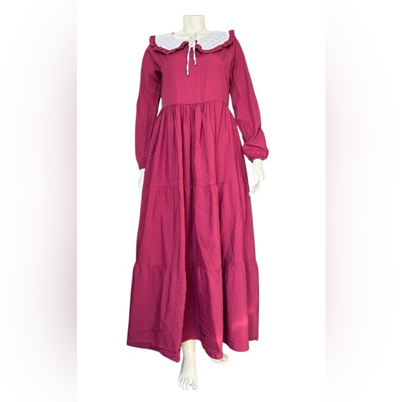 Vintage Dresses & Skirts - Vintage Cotton Maxi Dress with Peter Pan Lace Collar Prairie Style Size Medium